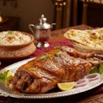Mutton Raan recipe featuring a royal whole leg roast served with naan and rice