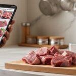 Buying mutton online using a smartphone with fresh raw mutton cuts displayed on a hygienic chopping board in an Indian home kitchen