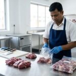 A realistic, high-resolution landscape image showing hygienic fresh mutton handling without freezing. The scene includes same-day cut raw mutton placed on a clean stainless-steel surface, a butcher wearing gloves and apron, sanitized tools, and neatly packed fresh mutton ready for delivery. The setting should feel like a modern, hygienic meat handling facility in Kolkata. Natural lighting, sharp details, realistic textures, no text overlays, professional food photography style, Indian context.
