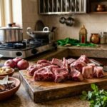 Fresh mutton cuts arranged for Eid cooking on a clean chopping board in home kitchen