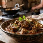 Tender cooked mutton pieces in rich Indian curry with thick gravy, served in a traditional bowl, showcasing juicy texture and authentic home-style preparation