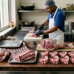 Image of different fresh raw mutton cuts prepared for various cooking methods in a hygienic kitchen setup