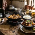 Authentic Kolkata-style kosha mangsho served with potatoes in a traditional Bengali kitchen setup with spices, mustard oil, and classic cookware