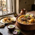 Kolkata-style aloo biryani with mutton, fragrant rice, and soft potatoes served in traditional style