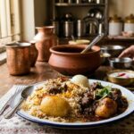 Featuring rich kosha mangsho with potatoes and authentic Kolkata-style biryani served on a dining table with rustic cookware and warm home ambiance.
