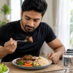 image of a healthy Indian adult enjoying a high-protein mutton meal after a workout